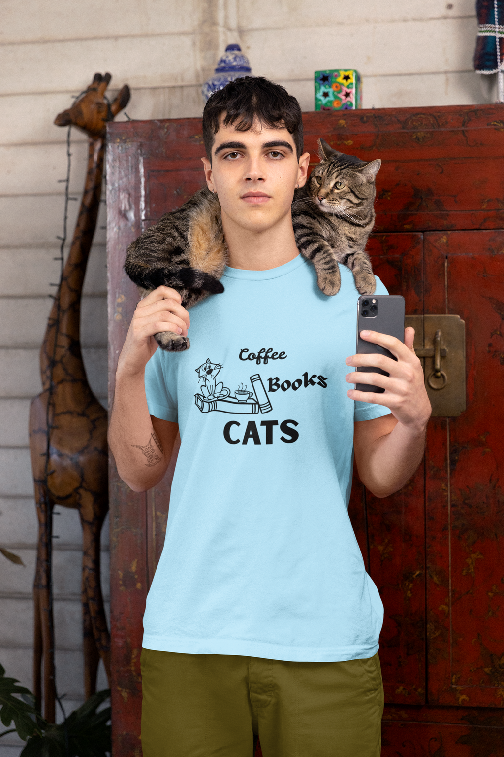 Coffee Books Cats T-Shirt | Hand-Drawn Cat Lover Bookworm Graphic Tee | Paws Over People | Unisex t-shirt