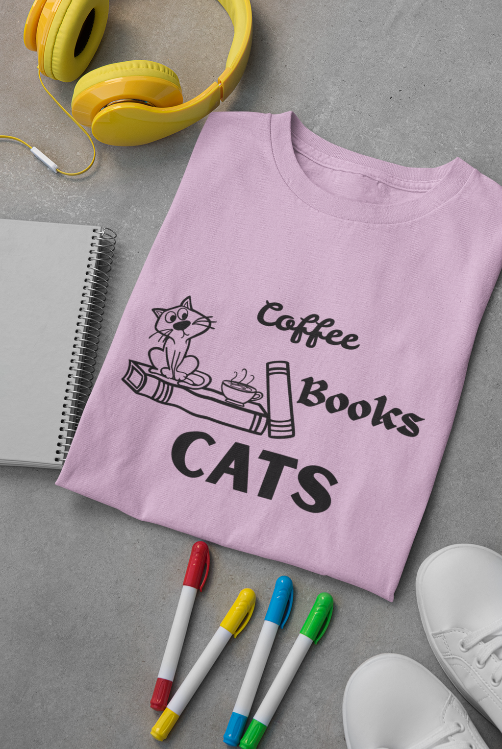 Coffee Books Cats T-Shirt | Hand-Drawn Cat Lover Bookworm Graphic Tee | Paws Over People | Unisex t-shirt