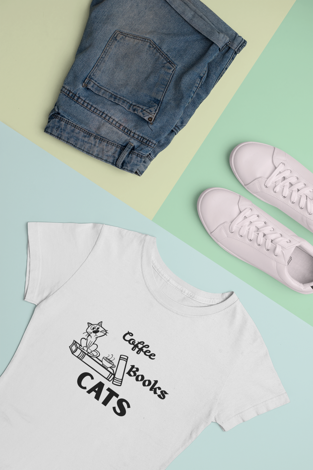 Coffee Books Cats T-Shirt | Hand-Drawn Cat Lover Bookworm Graphic Tee | Paws Over People | Womens Relaxed T-Shirt