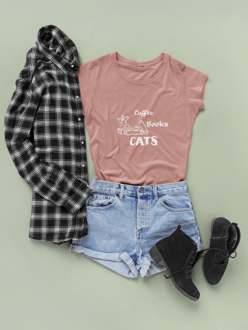 Coffee Books Cats T-Shirt | Hand-Drawn Cat Lover Bookworm Graphic Tee | Paws Over People | Womens Relaxed T-Shirt