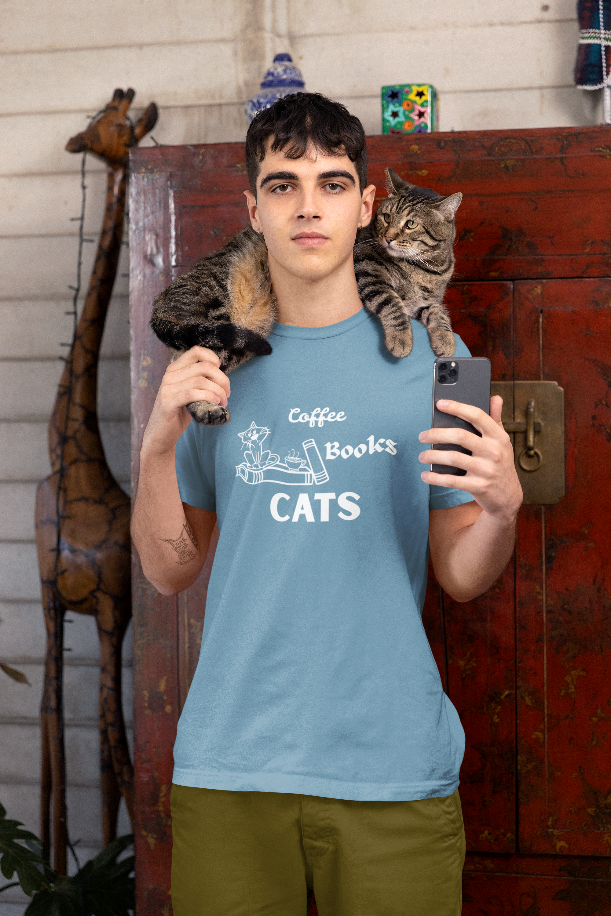 Coffee Books Cats T-Shirt | Hand-Drawn Cat Lover Bookworm Graphic Tee | Paws Over People | Unisex t-shirt