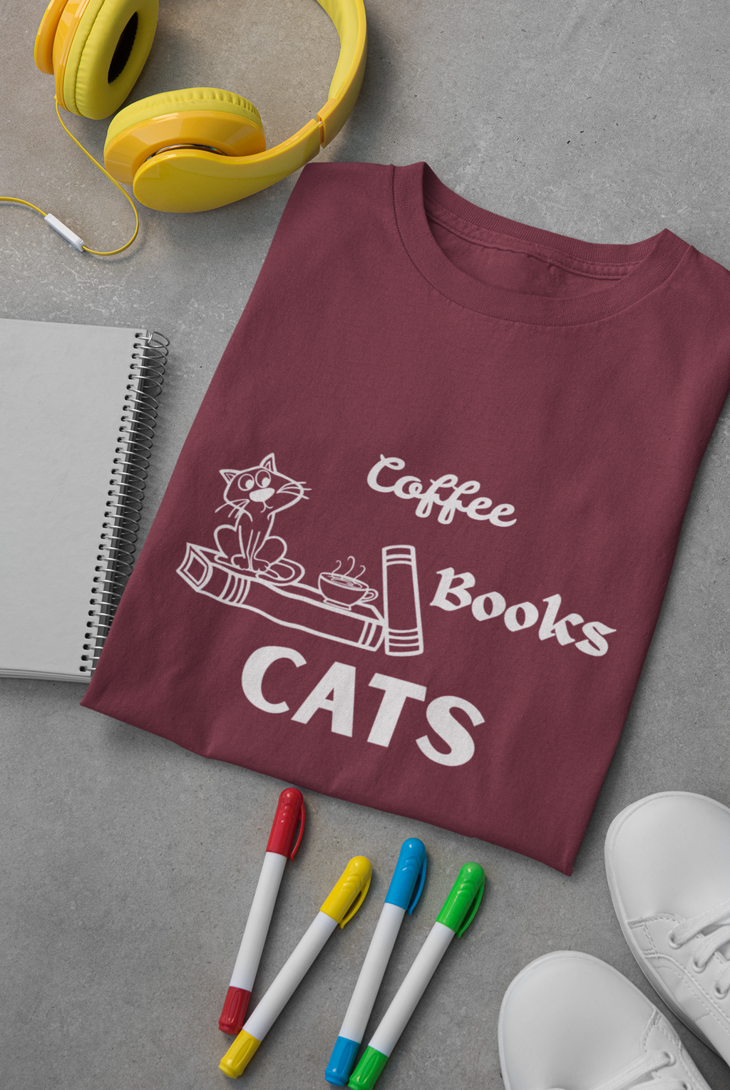 Coffee Books Cats T-Shirt | Hand-Drawn Cat Lover Bookworm Graphic Tee | Paws Over People | Unisex t-shirt