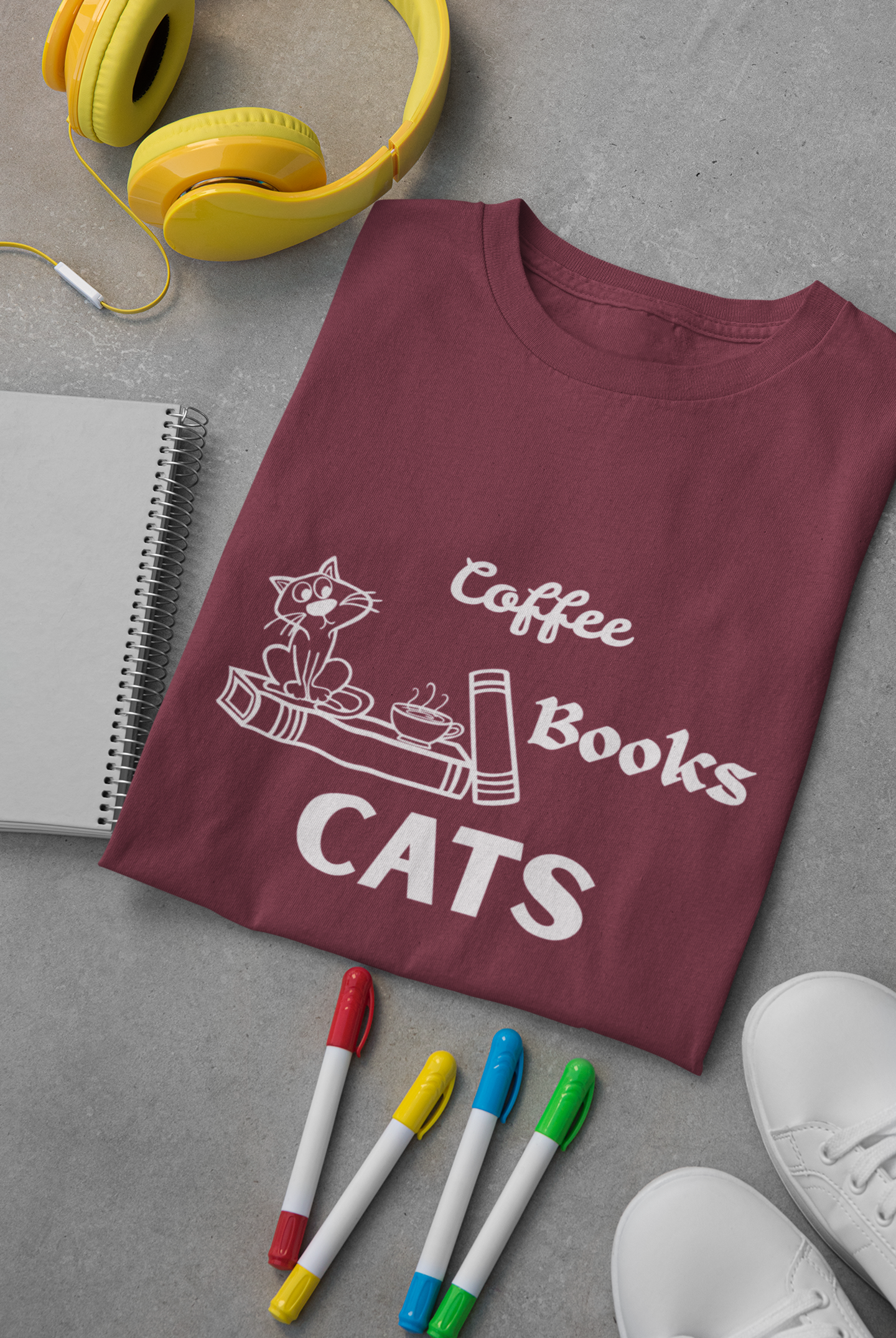 Coffee Books Cats T-Shirt | Hand-Drawn Cat Lover Bookworm Graphic Tee | Paws Over People | Unisex t-shirt